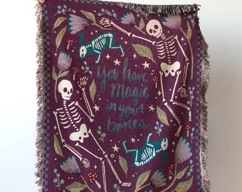 Skeleton Blanket: Purple Magic Bones Woven Throw, Unique Spooky Gift, Whimsigoth Decor, Halloween Goth Kawaii Cute, Colorful Maximalist Dark