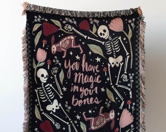Skeleton Blanket: Magic Bones Woven Throw, Unique Spooky Couple Gift, Unique Whimsigoth Decor, Halloween Goth Kawaii Cute, Frankie Print Co