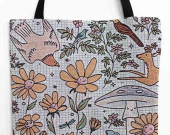 Tapestry Bag: Woodland Forest Tote, Cute Kawaii Mushroom, Woven Cottagecore Wild Flower, Unique Market Shopping, Gift for Teacher Bridesmaid