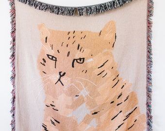 Cat Throw Blanket: Cute & Funny Woven Cotton Throw for Pet Lovers, Peach Home Decor, Boho Maximalist, Unique Eclectic Quirky
