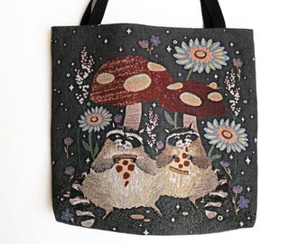 Raccoon Tapestry Bag: Mushroom Pizza Woven Tote, Unique Whimsical Gift for Animal Lover, Vintage Style, Cute Kawaii, Unique Market Shopping