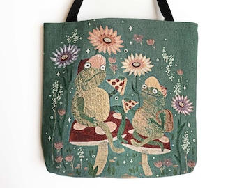 Frog Tapestry Bag: Mushroom Pizza Woven Tote, Unique Whimsical Gift for Animal Lover, Vintage Style, Cute Kawaii, Unique Market Shopping