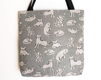 Cat Tapestry Bag: Cute Kawaii Woven Tote, Grey Gift for Animal Lover, Unique Colorful Whimsical Gift, Vintage Style, Unique Market Shopping