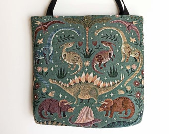 Dinosaur Tapestry Bag: Cute Woven Tote, Gift for Teacher, Unique Colorful Whimsical Gift, Maximalist Vintage Style, Unique Market Shopping