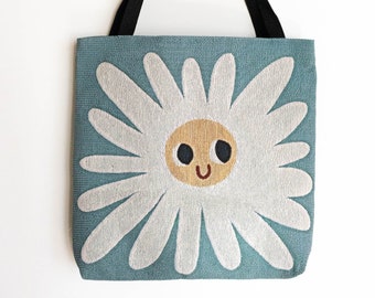 Flower Tapestry Bag: Cute Kawaii Woven Tote, Happy Daisy, Blue Yellow, Unique Colorful Whimsical Gift, Vintage Style, Unique Market Shopping