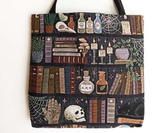 Witches Bookshelf Bag: Woven Tapestry Tote, Whimsigoth Goth Occult, Gift for Book Lover, Unique Market Shopping, Whimsigoth Skull Cat Magic