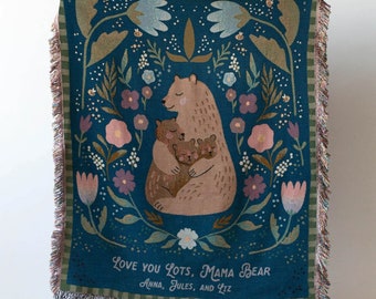 Gift for Mom Blanket: Mothers Day Present from Kids, Mama Bear Woven Throw, Unique Thoughtful Meaningful Birthday, Personalized Custom Idea