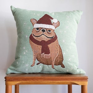 Christmas Bulldog Pillow: Cute Dog Woven Throw Pillow, Dog Cushion, Winter Home Decor, Quirky Fun Cushion, Santa Hat