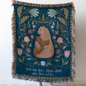 Gift for Mom Blanket: Mothers Day Present from Kids, Mama Bear Woven Throw, Unique Thoughtful Meaningful Birthday, Personalized Custom Idea image 1