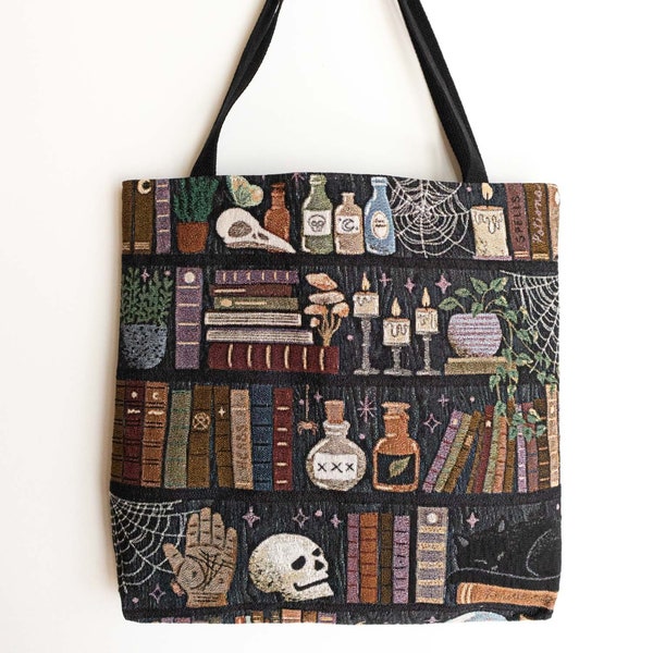 Witches Bookshelf Bag: Woven Tapestry Tote, Whimsigoth Goth Occult, Gift for Book Lover, Unique Market Shopping, Whimsigoth Skull Cat Magic