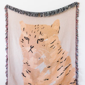 Cat Throw Blanket: Cute & Funny Woven Cotton Throw for Pet Lovers, Peach Home Decor, Boho Maximalist, Unique Eclectic Quirky