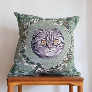 Cat Pillow: Grey and Mint Cat Woven Throw Pillow, Floral Cushion, Funny Cute Gift for Animal Lovers, Maximalist Decor