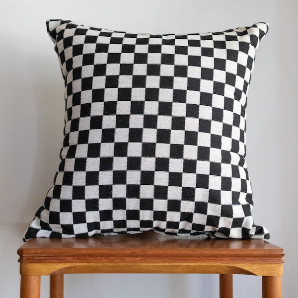 Checker Pillow: Black and Off White Woven Throw Pillow, Toss Cushion, Kids Room Decor, Dorm Decor