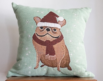 Christmas Bulldog Pillow: Cute Dog Woven Throw Pillow, Dog Cushion, Winter Home Decor, Quirky Fun Cushion, Santa Hat