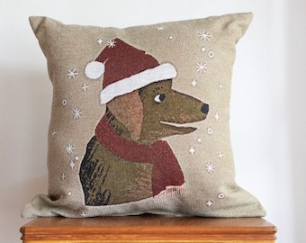 Christmas Lab Pillow: Chocolate Lab Woven Throw Pillow, Dog Cushion, Winter Home Decor, Quirky Fun Cushion, Santa Hat