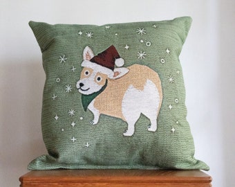 Christmas Corgi Pillow: Yellow Dog Woven Throw Pillow, Dog Cushion, Winter Home Decor, Quirky Fun Cushion, Santa Hat