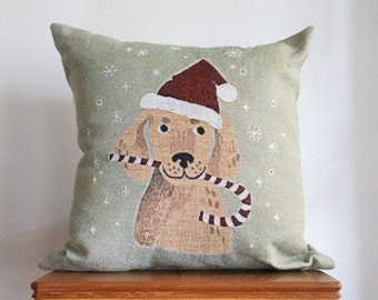 Christmas Dog Pillow: Yellow Lab Woven Throw Pillow, Dog Cushion, Winter Home Decor, Quirky Fun Cushion, Santa Hat