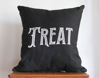 Trick or Treat Pillow: Halloween Throw Pillow, Black and White Cushion, Toss Pillow, Quirky Fun Home Decor