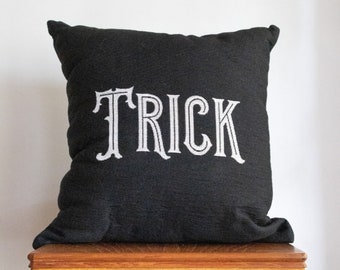 Trick or Treat Pillow: Halloween Throw Pillow, Black and White Cushion, Toss Pillow, Quirky Fun Home Decor