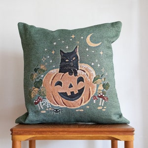 Pumpkin and Black Cat Pillow: Halloween Throw Pillow, Fall Autumn Cushion, Jackolantern Toss Pillow, Quirky Fun Cushion