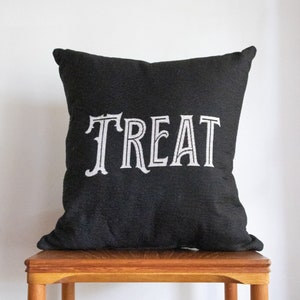 Trick or Treat Pillow: Halloween Throw Pillow, Black and White Cushion, Toss Pillow, Quirky Fun Home Decor