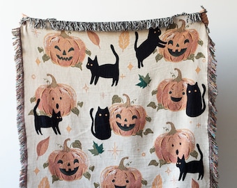 Pumpkin Black Cats Blanket: Halloween Woven Throw, Cute Autumn Fall Home Decor, Witchy Style, Jackolantern, Gift for Cat Lover, Spooky