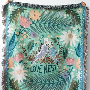 Love Nest Throw Blanket: Woven Cotton Throw, Cute Animals, Colorful Maximalist Decor, Valentines Gift, Budgies Budgerigar birds, Flowers
