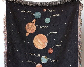 Manta de lanzamiento espacial: decoración de la habitación de los niños, ciencia de la galaxia de los planetas, lanzamiento de algodón tejido para el sofá, habitación de la guardería de las niñas, regalo de decoración del hogar
