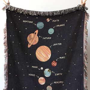 Space Throw Blanket: Kids Room Decor, Planets Galaxy Science, Woven Cotton Throw for Sofa, Boys Girls Nursery Room, Home Decor Gift