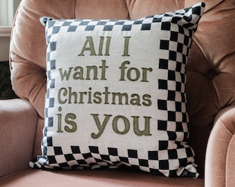 Christmas Pillow: All I Want Woven Throw Pillow, Checker Holiday Cushion, Winter Home Decor, Black and White