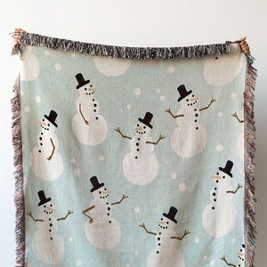 Snowman Blanket: Christmas Woven Cotton Throw for Winter Decor, Gift for Him Her Mom Dad, Holiday Cozy Decor, Farmhouse Xmas