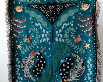 Mermaids Throw Blanket: Personalized Gift for Girl Boy Teen, Baby Shower, Woven Colourful Teal, Maximalist Ocean Animal Bedding Kawaii