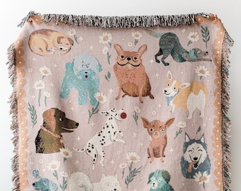 Dog Throw Blanket: Woven Cotton Throw, Pink Animals Blanket, Chocolate Lab, Bulldog, Dachshund, Husky, Chihuahua, Cute Kawaii Maximalist