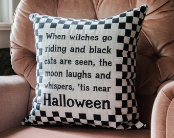 Halloween Pillow: When Witches Go Riding Woven Throw Pillow, Checker Holiday Cushion, Fall Autumn Home Decor, Black and White