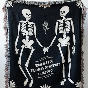 Personalized Skeleton Blanket: Til Death Do Us Part Woven Throw, Spooky Skull Decor, Wedding or Valentines Present, Halloween Goth Wedding