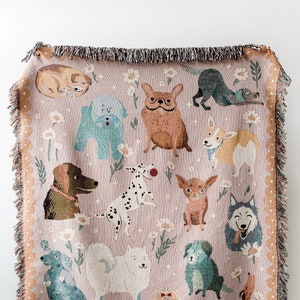 Dog Throw Blanket: Woven Cotton Throw, Pink Animals Blanket, Chocolate Lab, Bulldog, Dachshund, Husky, Chihuahua, Cute Kawaii Maximalist