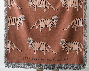 Tiger Personalized Blanket: Earth Tones Brown Jungle Decor, Maximalist Bedroom, Woven Cotton Throw for Nursery, Cute Gift for Animal Lovers