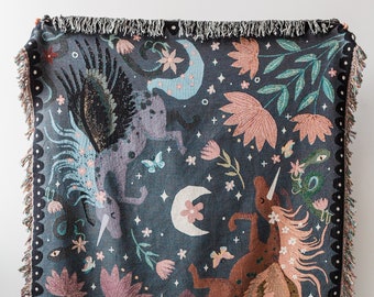 Unicorn Night Throw Blanket: Woven Cotton Throw, Boho Kids Bedding, Purple Blue, Lunar Celestial Moon, Pegasus Horse, Colorful Maximalist