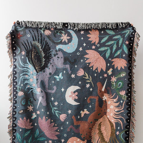 Unicorn Night Throw Blanket: Woven Cotton Throw, Boho Kids Bedding, Purple Blue, Lunar Celestial Moon, Pegasus Horse, Colorful Maximalist