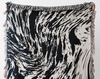 Marble Boho Blanket: Unique Abstract Woven Cotton Throw, Modern Home Decor, Dark Eclectic Aesthetic Dorm Room, Black and White Gift for Her