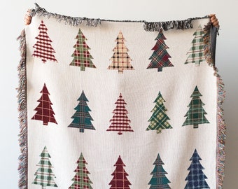 Plaid Trees Christmas Blanket: Woven Cotton Throw for Winter Decor, Gift for Him Her Mom Dad, Holiday Cozy Decor, Tartan, Farmhouse Xmas