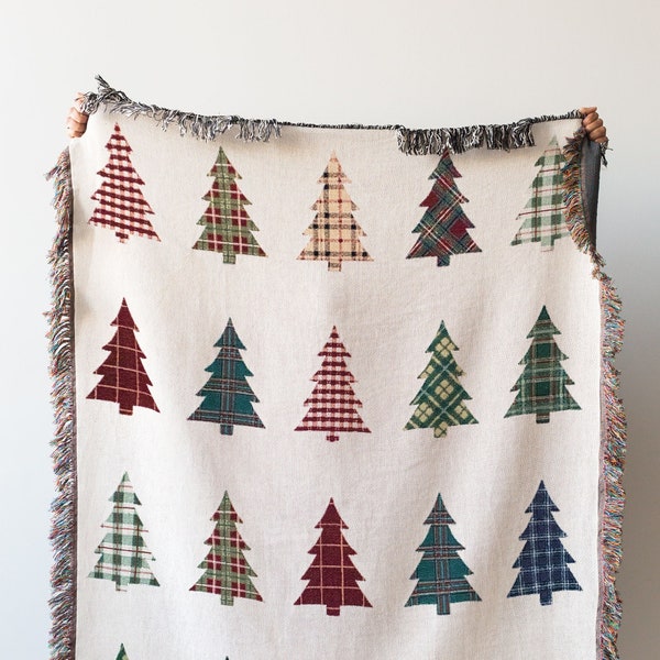 Plaid Trees Christmas Blanket: Woven Cotton Throw for Winter Decor, Gift for Him Her Mom Dad, Holiday Cozy Decor, Tartan, Farmhouse Xmas