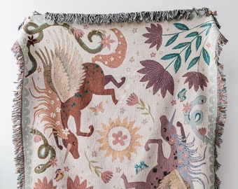 Unicorn Day Throw Blanket: Woven Cotton Throw, Purple Pink Kids Bedding, Sun Floral Blanket, Pegasus Horse Home Decor Gift, Unique Whimsical