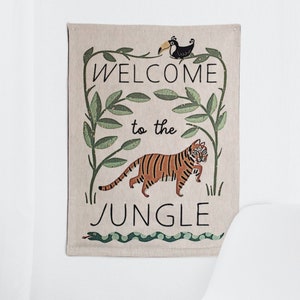 Jungle Tapestry: Woven Tiger Wall Hanging for Nursery, Welcome Kids Bedroom Decor, Tropical Cute Funny Animals, Boho Banner Sign Pennant