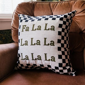 Christmas Pillow: Fa La La Throw Pillow, Checker Holiday Cushion, Winter Home Decor, Black and White