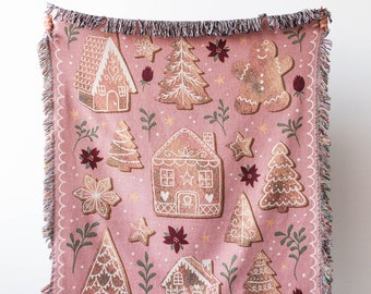 Pink Gingerbread Christmas Blanket: Personalized Woven Cotton Throw, Cute Holiday Cozy Decor, Gift for Family, Unique Custom Name Monogram