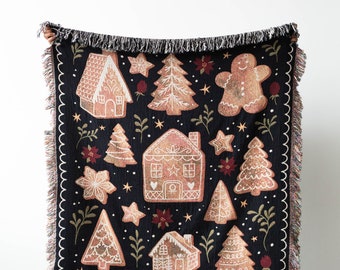 Gingerbread Christmas Blanket: Personalized Woven Cotton Throw, Holiday Cozy Decor, Custom Holiday Gift for Family, Rustic Unique and Comfy