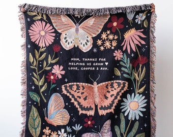 Personalized Gift Blanket: Butterfly Woven Throw, Grandparent or Mother's Day Present, Baby Name Shower, Maximalist Decor, Dark Boho Nursery