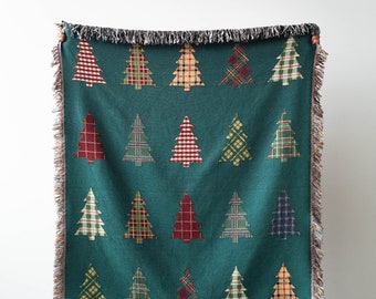 Plaid Trees Christmas Blanket: Green Woven Cotton Throw, Winter Decor, Gift for Him Her Mom Dad, Holiday Cozy Decor, Tartan, Farmhouse Xmas