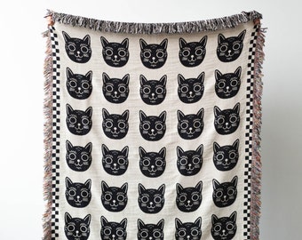 Black Cats Blanket: Checkered Black & White Throw for Animal Lover, Unique Quirky Halloween Decor, Cute Cozy Kawaii Gift, Maximalist Home